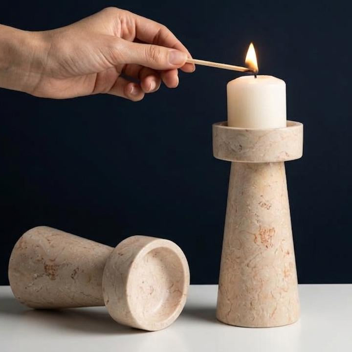 Beige Marble Candle Holder Set